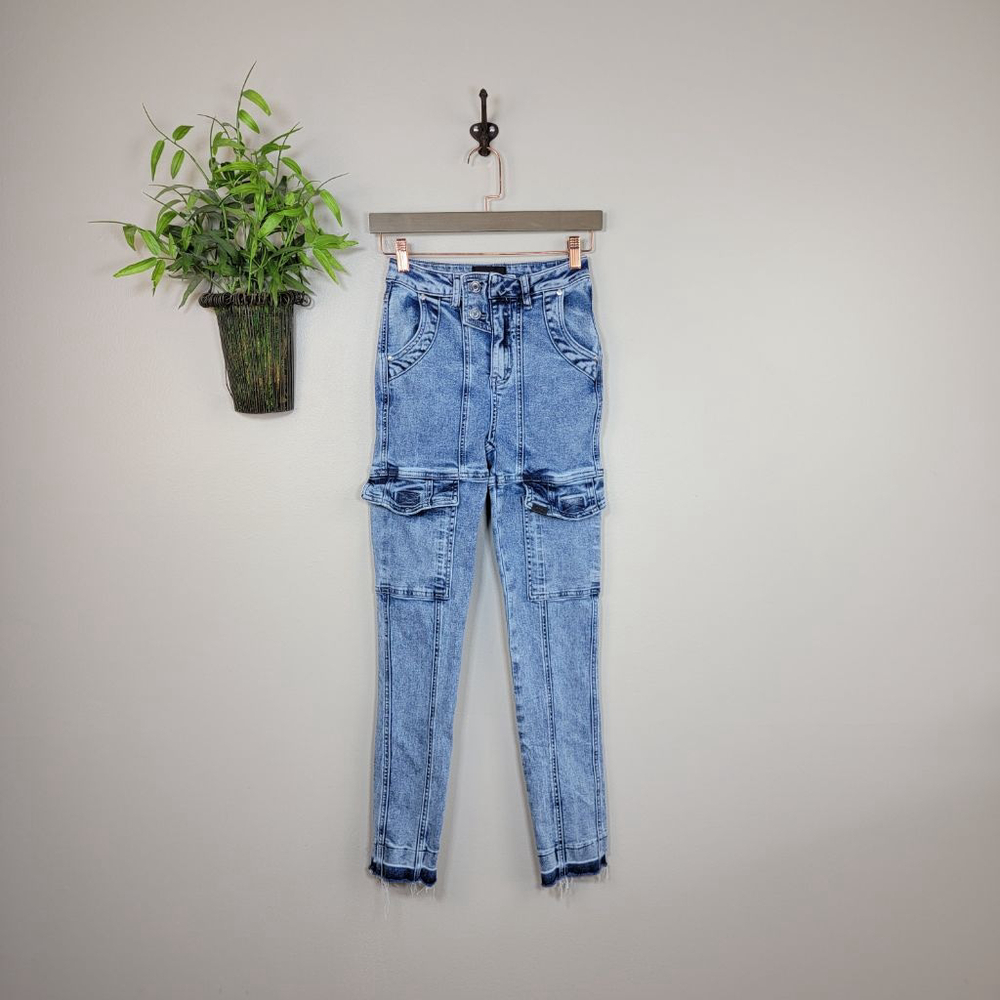 RtA Skinny Eva Slim Cargo Utility Jeans Blue Acid Wash Raw Step Hem 24